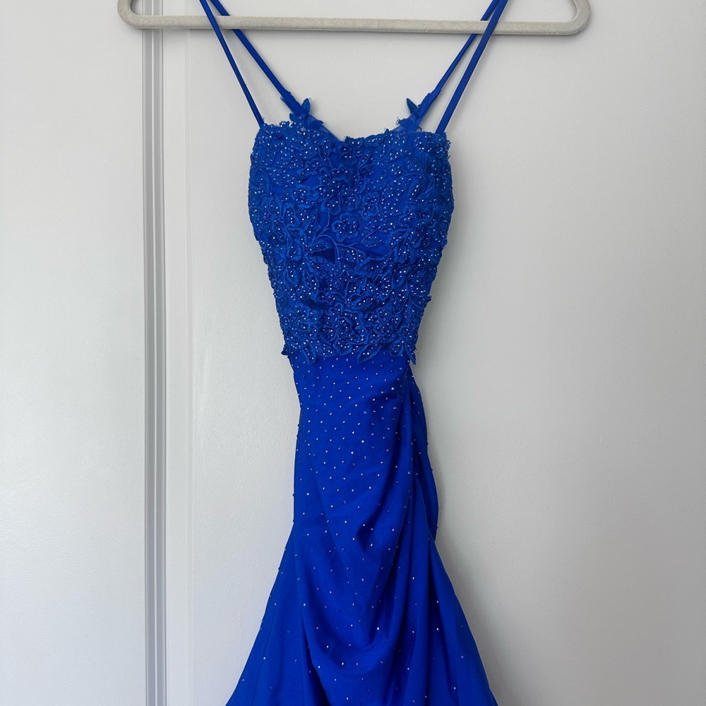 Royal blue embellished mini dress, worn once, like new. XS